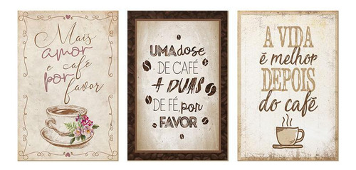 Kit 3 Quadros Decorativos Para Cozinha Café Amor Frases