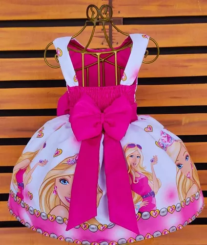 Vestido Infantil Barbie Busto Paetê Pink e Broche de Lacinho