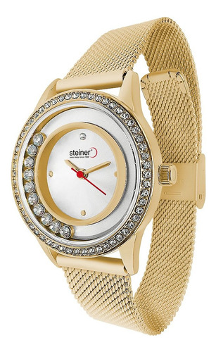 Reloj De Mujer Giratorio Steiner Manecillas Delgadas 32 Mm Correa Dorado Bisel Dorado Fondo Dorado