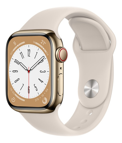Apple Watch Series 8 GPS + Celular - Caja de acero inoxidable color oro 41 mm - Correa deportiva blanco estelar - Patrón