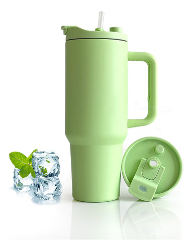 Copo Térmico Inox 1,2l Verde Claro Com Canudo Reutilizavel