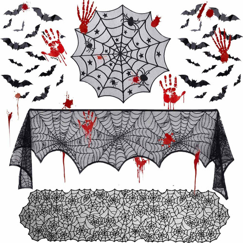  Halloween Decorations Set  Black Lace Spiderweb Firepl...