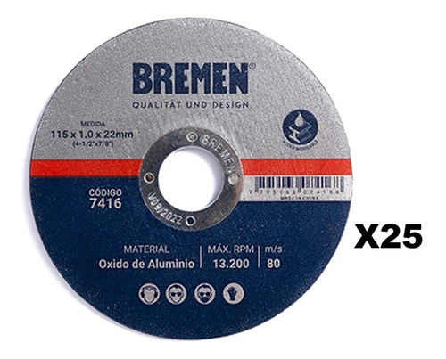 Disco Corte Amoladora Metal Bremen 115 X 1 Mm Caja 25u 7416