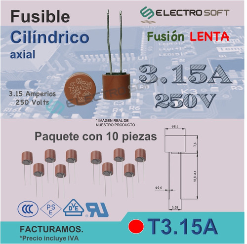 10pz Fusible Circular 3.15a 250v / 3.15 Amperios Cilíndrico