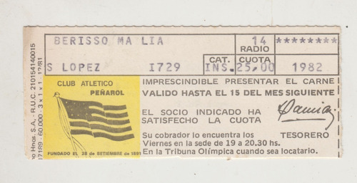 1982 Futbol Uruguay Peñarol Recibo Mensual Firmado Damiani 