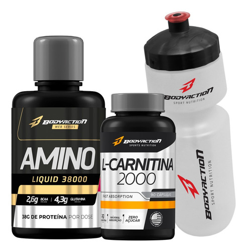 Amino Liquid 38000 + L Carnitina Caps + Squeeze Bodyaction Sabor Morango