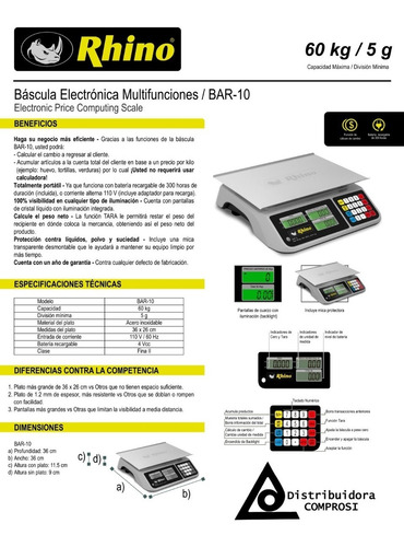 Báscula Digital Rhino Bar-10 60 Kg/ 5g Extra Grande Comprosi