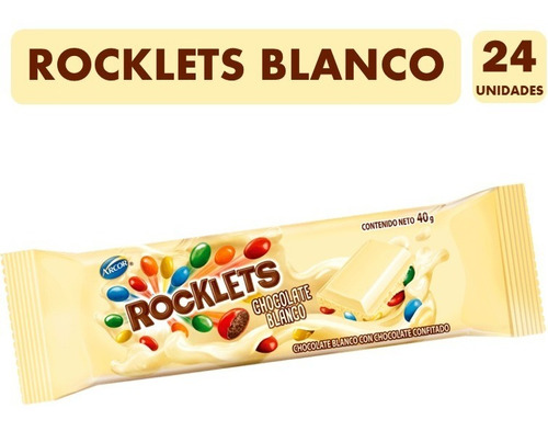 Rocklets Chocolate Blanco Confitado - Caja Con 24 Tabletas.