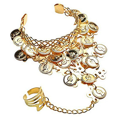 Pulsera Danza Vientre Oro Y Monedas Con Anillo.