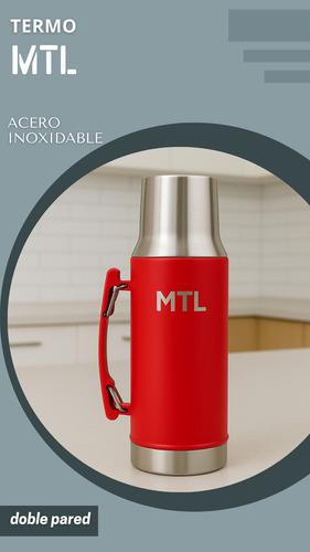 Termo Mtl 1 Litro Acero Inoxidable Pico Cebador Mate System Tapa Vaso Térmico Color Rojo Reforzado Alta Resistencia Liquidos Calientes Fríos