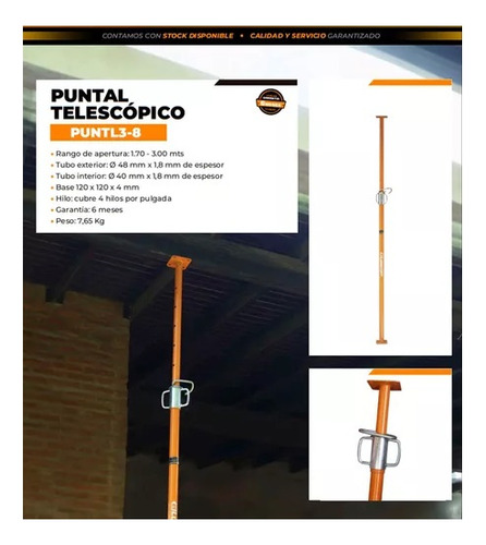 Puntal Telescópico Reforzado 1,70 Mt A 3 Mts P/ Obra Losa