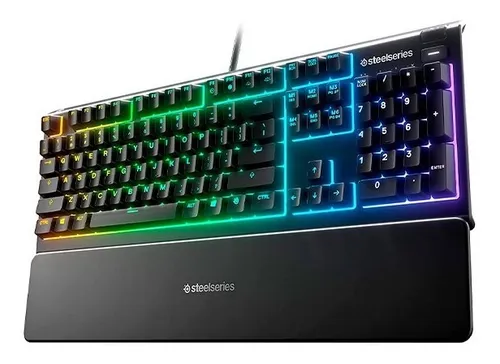 Teclado gamer SteelSeries QWERTY SteelSeries Whisper-Quiet Switch español color negro con luz RGB