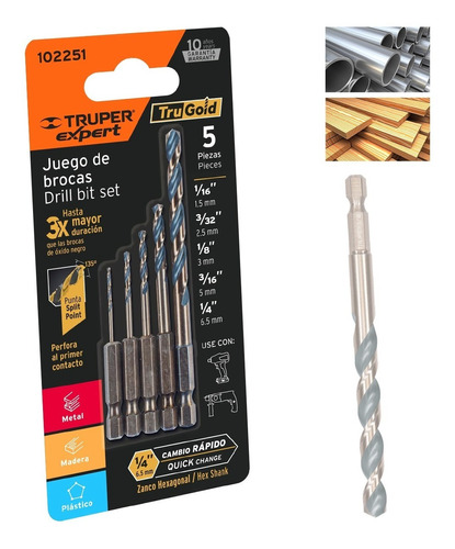 Kit Juego 5 Brocas Metal Madera Cambio Rápido Truper 102251