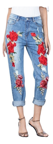 Jeans Rotos Elásticos Con Bordados Florales Para Mujer Ht