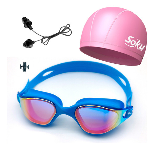 Kit Natación Profesional Mujer Hombre Set Lentes Gafas Gorra Color Celeste