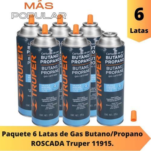 6 Latas Gas Butano Valvula Roscada Estufas Boquillas Mechero