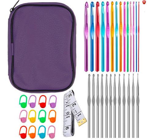 Imagen 1 de 8 de Kit 22 Agujas Crochet Metálicas + 12 Marcadores + Metro 36un