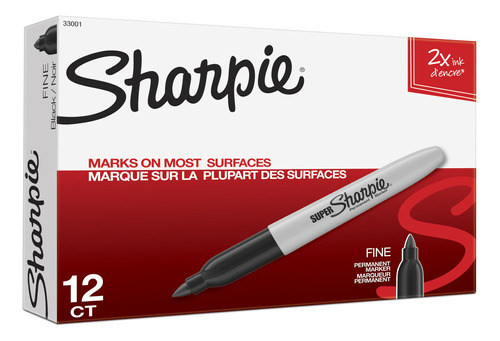 Sharpie Marcadores Súper Permanentes, Fino, Negro, 12 Unds