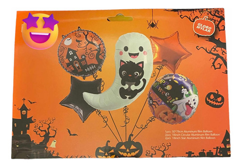 Globos Mylar Fantasma Y Gatito Negro Halloween 5 Unidades