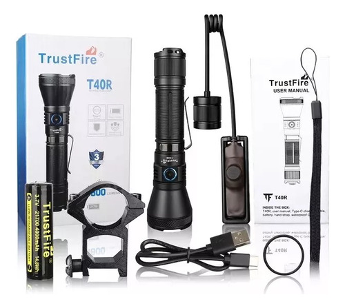 Linterna táctica Trustfire T40r, de largo alcance y accesorios, linterna de color negro, luz, 6000 K