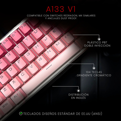 Teclas Gamer Redragon A133 Degradado Rosa Blanco Ingles Idioma Inglés US