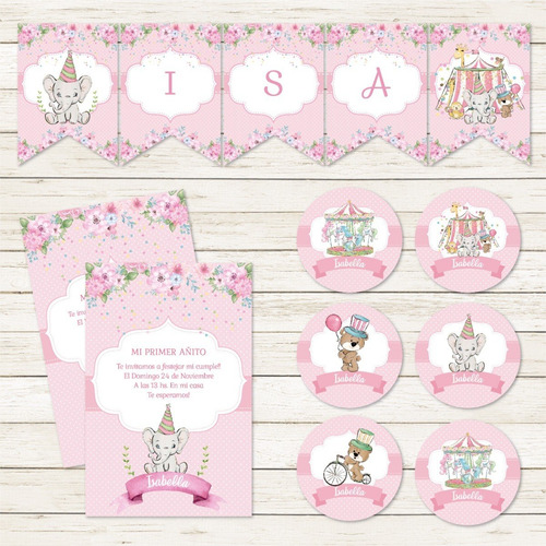 Mini Kit Imprimible Circo Elefante Rosa Carpa Animales Party