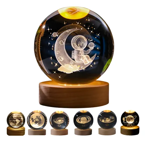 Luminária De Mesa Bola De Cristal 3d Base Madeira Decorativa
