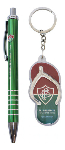 Jogo Caneta Metal Touch Screen Chaveiro Chinelo - Fluminense Cor Do Exterior Verde Cor Da Tinta Azul