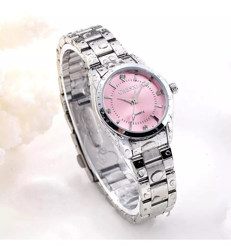 Relógio Feminino Prata Fundo Rosa Chenxi Prova D'água Barato