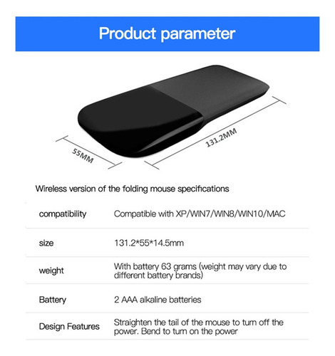 2.4g Wireless Touch Mouse Silent Click Mini Curved Folding