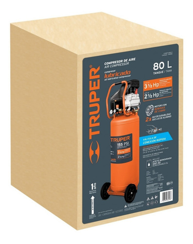 Imagen 2 de 2 de Compresor de aire eléctrico portátil Truper COMP-80LV monofásico 80L 3.5hp 127V 60Hz naranja