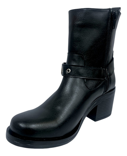 Botin Cierre Lateral Moda Biker Hebilla Tacón Ancho Urbanos