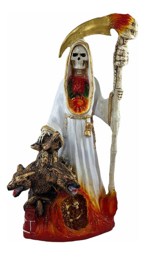 Santa Muerte Blanca Con Perro 3 Cabezas, Preparada 50 Cm