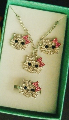 Hello Kitty Set Collar + Aretes + Anillo Cristales Con Caja