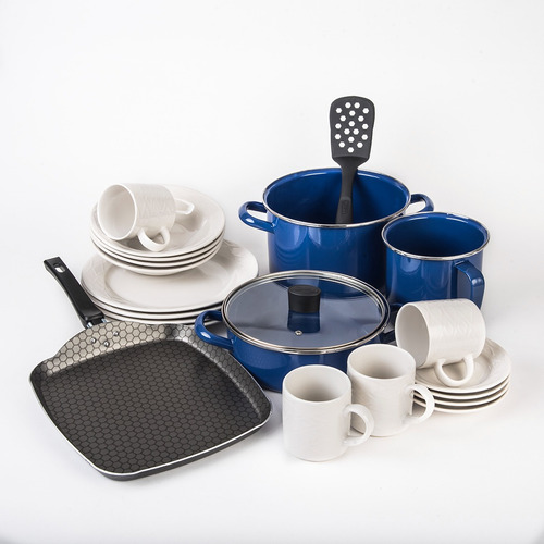 Combo De Batería De Cocina Cinsa Y Vajilla De Cerámica 22 Pz Color Blanco/azul