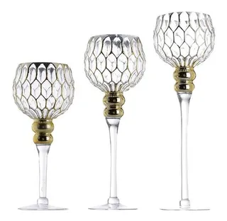 Juego De 3 Copas Portavelas Dorado Base Transparente