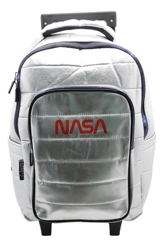 Mochila Escolar Nasa 16'' Plateada Carrito Con Ruedas 