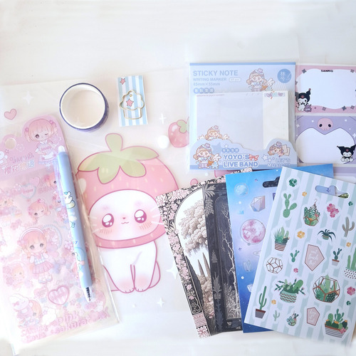 Set De Papelería Kawaii Happy Mail Stickers Memo Pad Washi Lila Happy Mail Abril