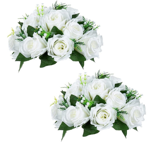 Flores Artificiales 15 Cabezas De Rosas Blancas Pack 2u.