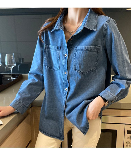 Camisa De Mezclilla Para Dama Azul Mezclilla Oscura Y Clara