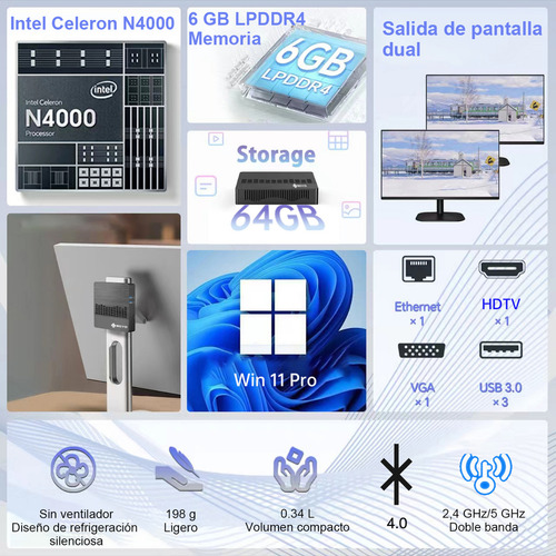 Mini Pc Teclast M2 N4000 6gb Ddr4 64gb Ssd Intel N4000 Windows 11 Pro 127V Negro