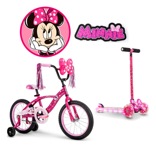 Bicicleta 16 + Scooter Plegable Luz Led Minnie Disney Huffy Color Rosa
