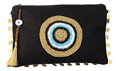 Karens Black-gold Evil Eye Jute/burlap Clutch Bag Qhgds