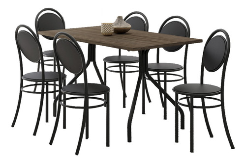 Conjunto Sala De Jantar Com Mesa E 6 Cadeiras Cor Preto Desenho do tecido das cadeiras Liso