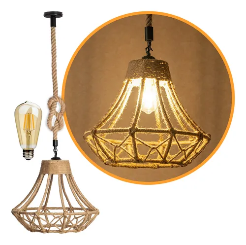 comprar Kit 3 Pendente Rustico Corda Sisal 35cm Sala + Led E27 F3377
