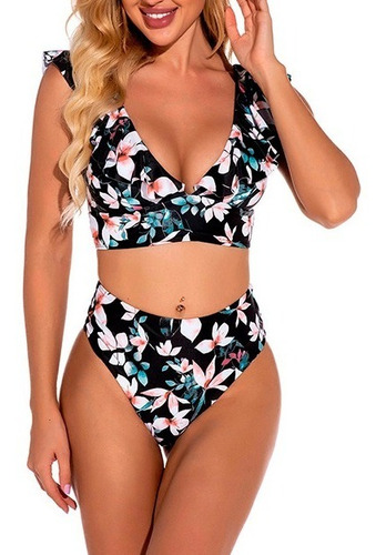 Bikini Tiro Alto Negro Floral Maria