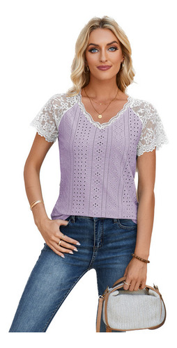 Camiseta Informal Con Cuello En V Y Panel Encaje Con Ojales