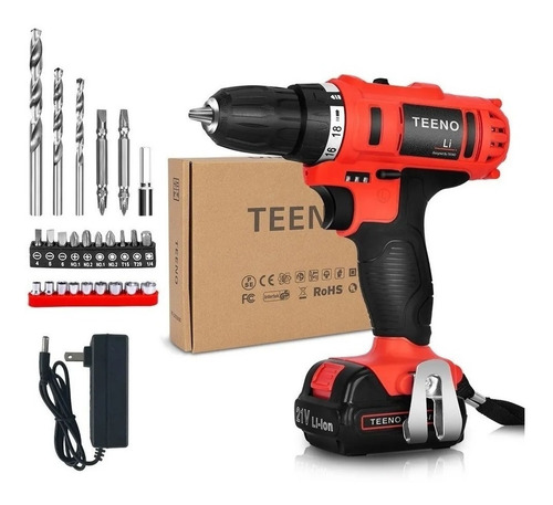Imagen 1 de 1 de Taladro eléctrico destornillador Teeno 5861-1 inalámbrico 1500rpm 50Hz/60Hz rojo 100V/240V 21V