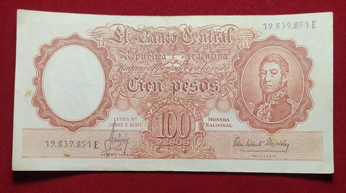 Billete 100 Pesos Moneda Nacional 1966 Bottero 2073 Serie E