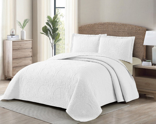 Imagen 2 de 9 de Cubrecama Algodón Jacquard Importado + Funda - Twin Blanco